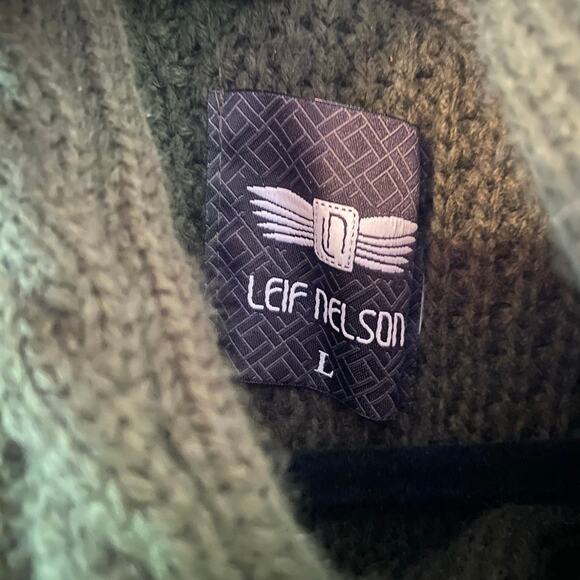 Leif Nelson Cardigan with Stand-Up Collar Forest Green Fisherman Irish Large - Picture 3 of 10